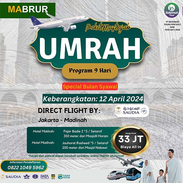 Umrah Syawal 1445 H, Paket 9 Hari, Batemuri Tour, Keberangkatan: 12 April 2024